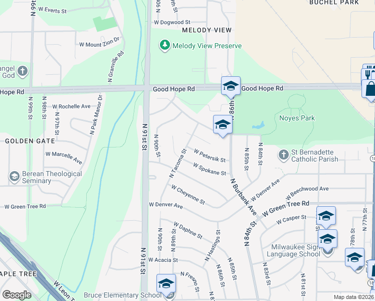 map of restaurants, bars, coffee shops, grocery stores, and more near 8821 West Petersik Street in Milwaukee