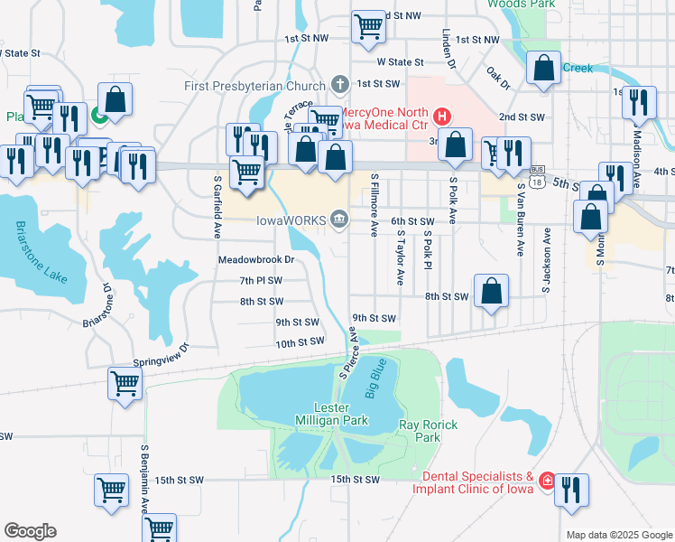 map of restaurants, bars, coffee shops, grocery stores, and more near 710 South Pierce Avenue in Mason City