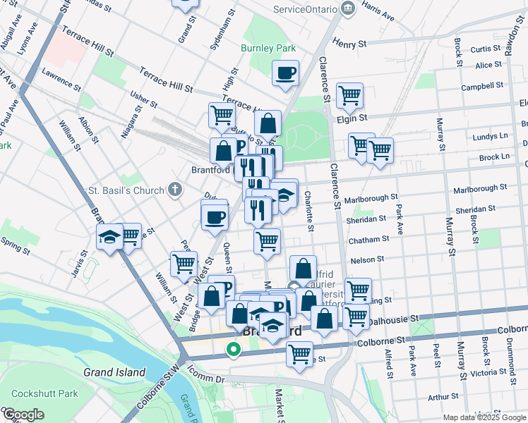 map of restaurants, bars, coffee shops, grocery stores, and more near 31 Marlborough Street in Brantford
