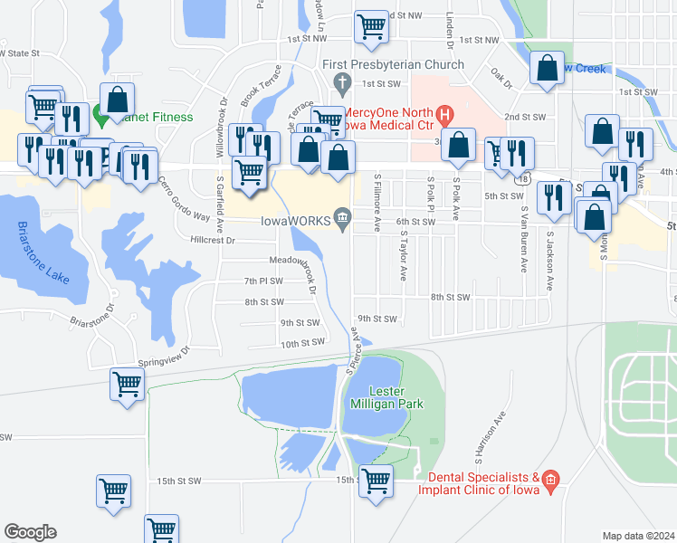 map of restaurants, bars, coffee shops, grocery stores, and more near 710 South Pierce Avenue in Mason City
