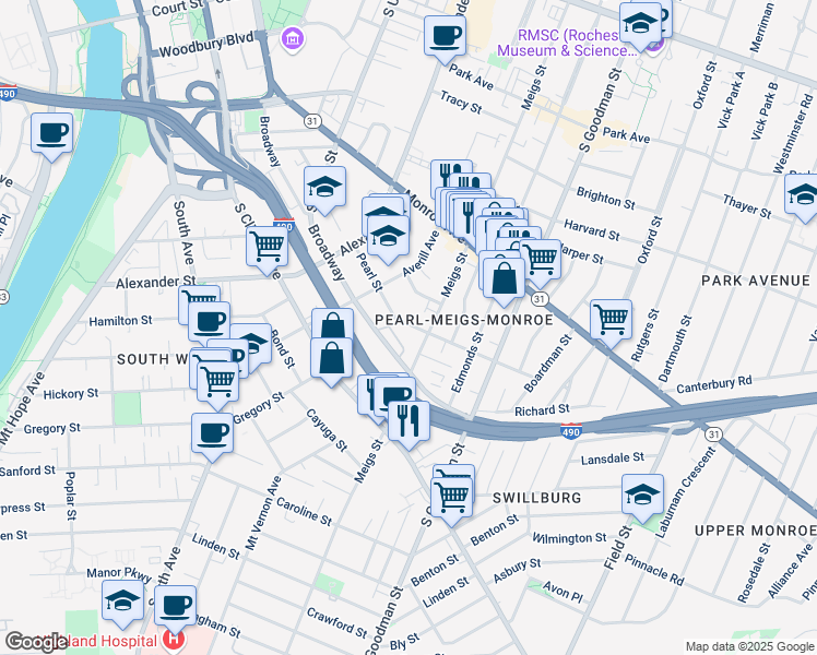 map of restaurants, bars, coffee shops, grocery stores, and more near 291 Pearl Street in Rochester