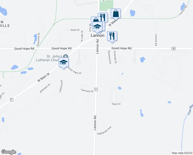 map of restaurants, bars, coffee shops, grocery stores, and more near Lannon Rd in Menomonee Falls