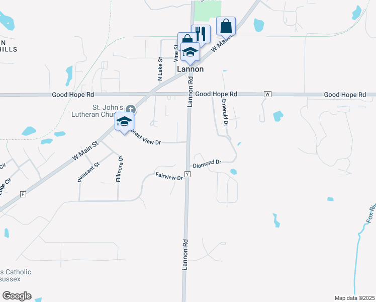 map of restaurants, bars, coffee shops, grocery stores, and more near Lannon Road in Menomonee Falls