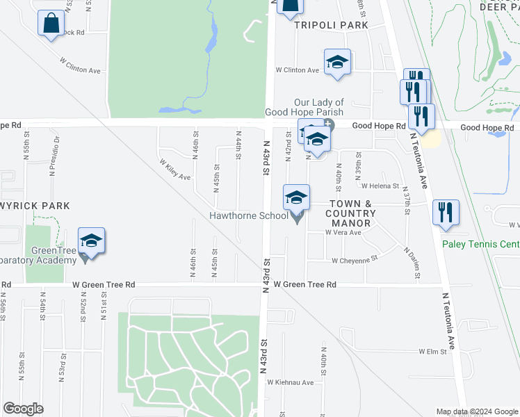 map of restaurants, bars, coffee shops, grocery stores, and more near 6971 North 43rd Street in Milwaukee
