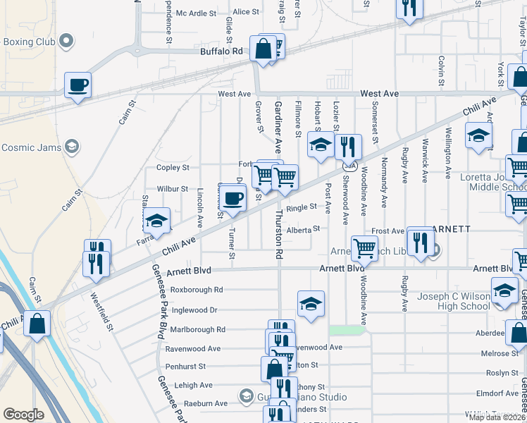map of restaurants, bars, coffee shops, grocery stores, and more near 100 Salina Street in Rochester