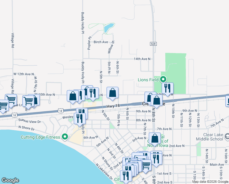 map of restaurants, bars, coffee shops, grocery stores, and more near 522 10th Avenue North in Clear Lake
