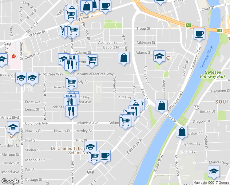 map of restaurants, bars, coffee shops, grocery stores, and more near 90 Seward Street in Rochester