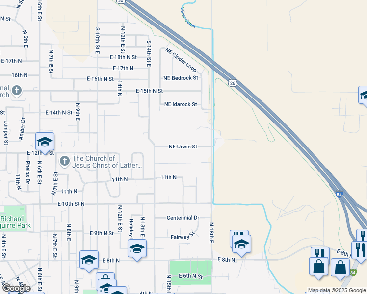 map of restaurants, bars, coffee shops, grocery stores, and more near 1605 Northeast Urwin Street in Mountain Home