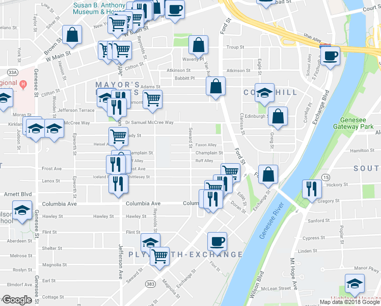 map of restaurants, bars, coffee shops, grocery stores, and more near Seward Street & Champlain Street in Rochester