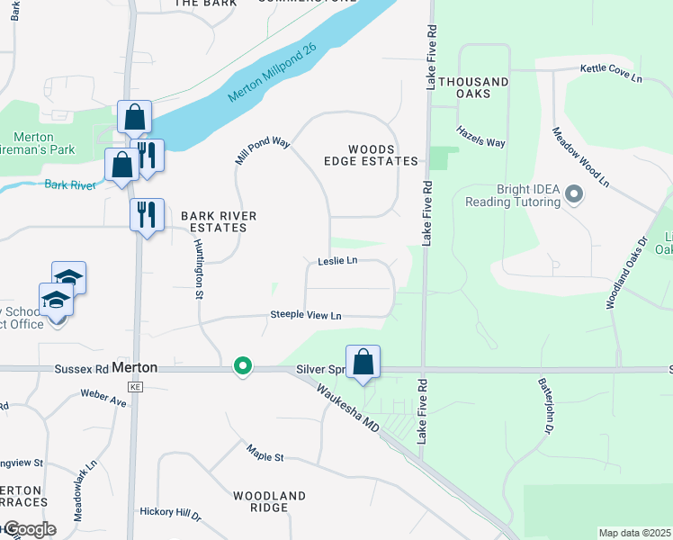 map of restaurants, bars, coffee shops, grocery stores, and more near N69W27745 Leslie Lane in Hartland