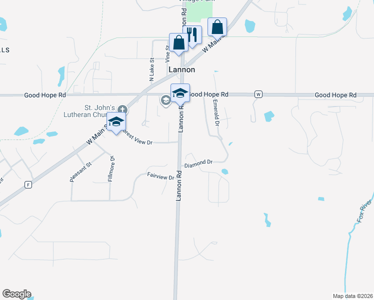 map of restaurants, bars, coffee shops, grocery stores, and more near 222 Diamond Drive in Lannon