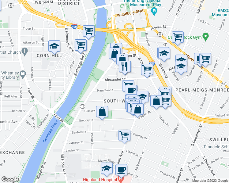 map of restaurants, bars, coffee shops, grocery stores, and more near 109 Hamilton Street in Rochester
