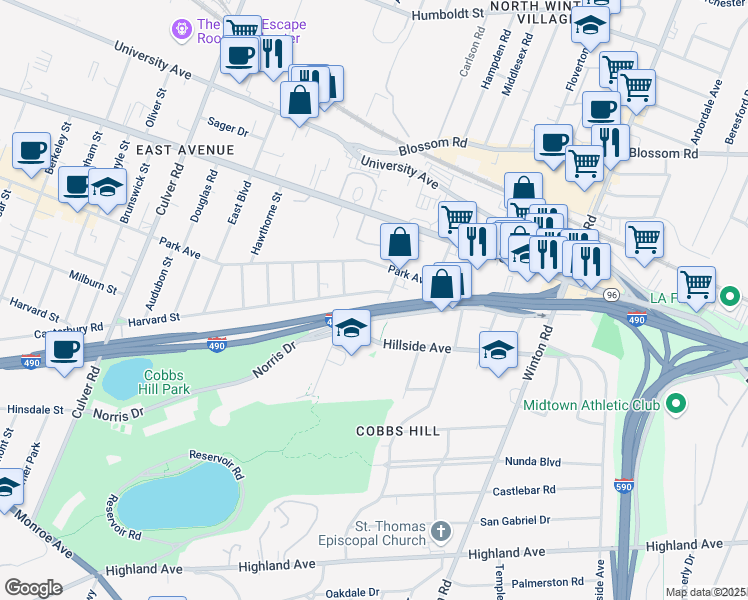 map of restaurants, bars, coffee shops, grocery stores, and more near 1077 Harvard Street in Rochester