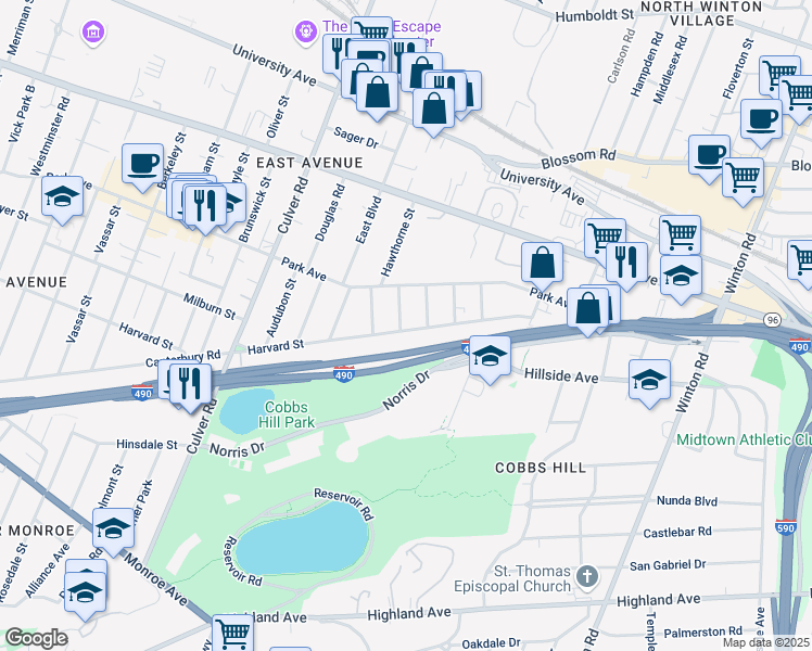 map of restaurants, bars, coffee shops, grocery stores, and more near 923 Harvard Street in Rochester
