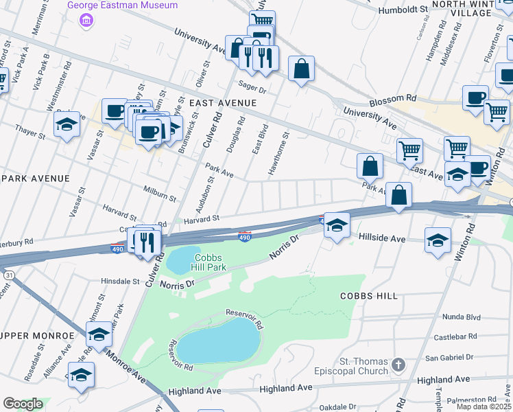 map of restaurants, bars, coffee shops, grocery stores, and more near 870 Harvard Street in Rochester