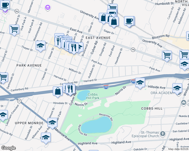map of restaurants, bars, coffee shops, grocery stores, and more near 93 Beverly Street in Rochester