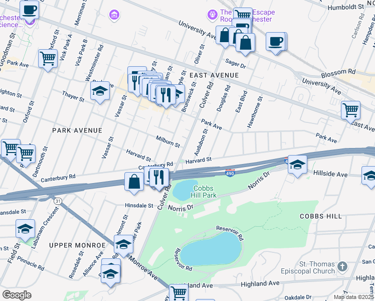 map of restaurants, bars, coffee shops, grocery stores, and more near 192 Culver Road in Rochester