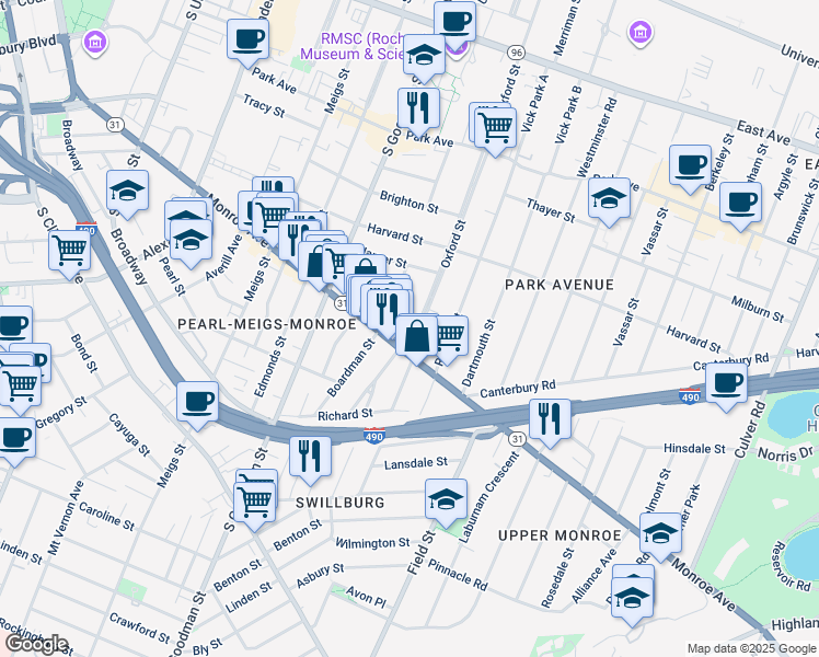 map of restaurants, bars, coffee shops, grocery stores, and more near in Rochester