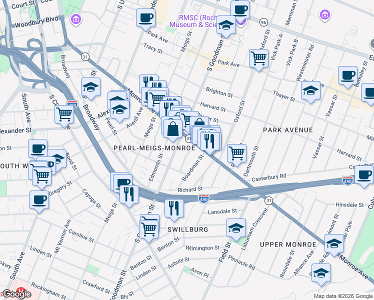 map of restaurants, bars, coffee shops, grocery stores, and more near 30 Amherst Street in Rochester