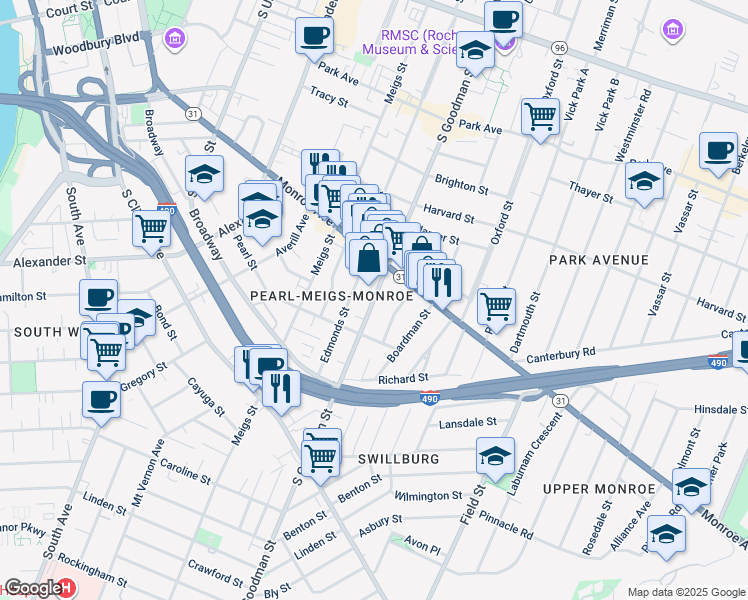 map of restaurants, bars, coffee shops, grocery stores, and more near 465 South Goodman Street in Rochester