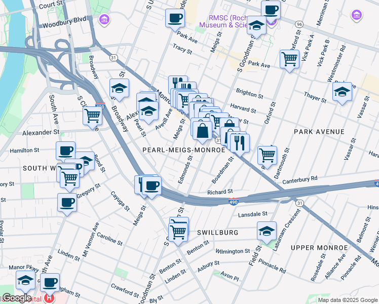 map of restaurants, bars, coffee shops, grocery stores, and more near 370 Pearl Street in Rochester