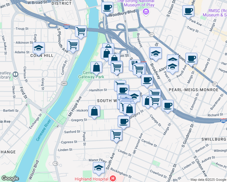 map of restaurants, bars, coffee shops, grocery stores, and more near 571-585 South Avenue in Rochester