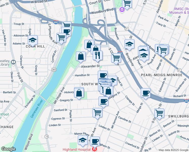 map of restaurants, bars, coffee shops, grocery stores, and more near in Rochester