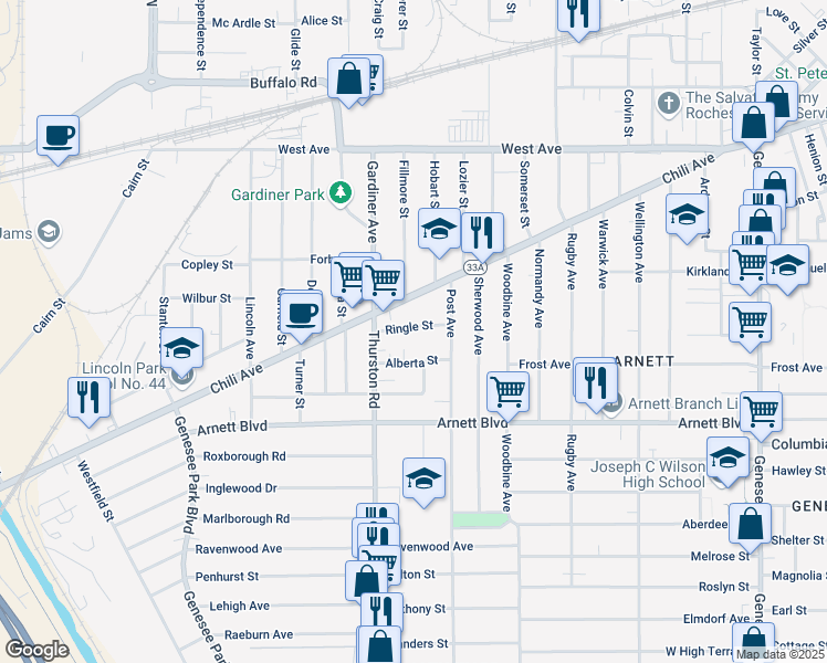 map of restaurants, bars, coffee shops, grocery stores, and more near 25 Ringle Street in Rochester
