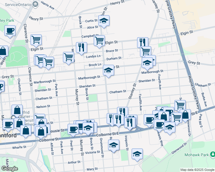 map of restaurants, bars, coffee shops, grocery stores, and more near 238 Rawdon Street in Brantford