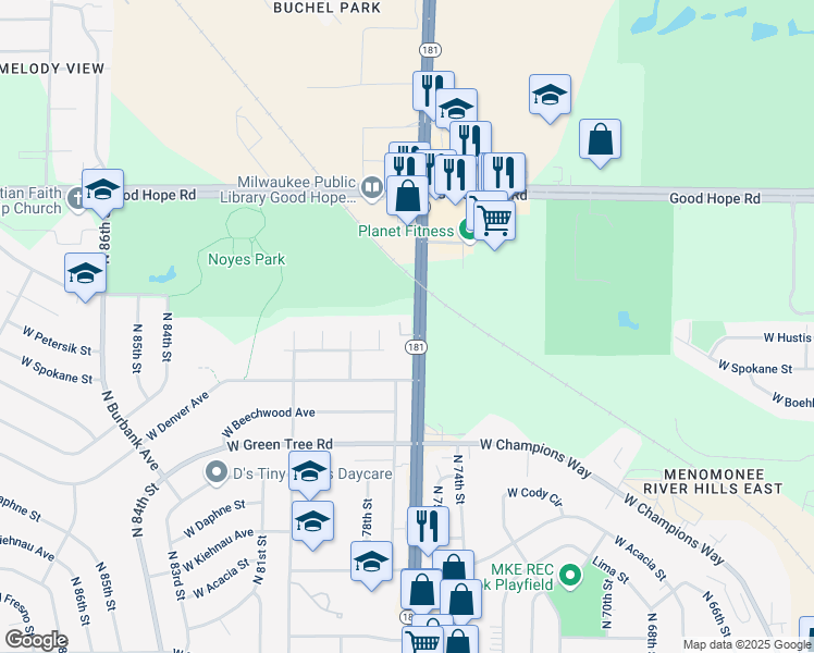 map of restaurants, bars, coffee shops, grocery stores, and more near 6942-6944 North 77th Court in Milwaukee