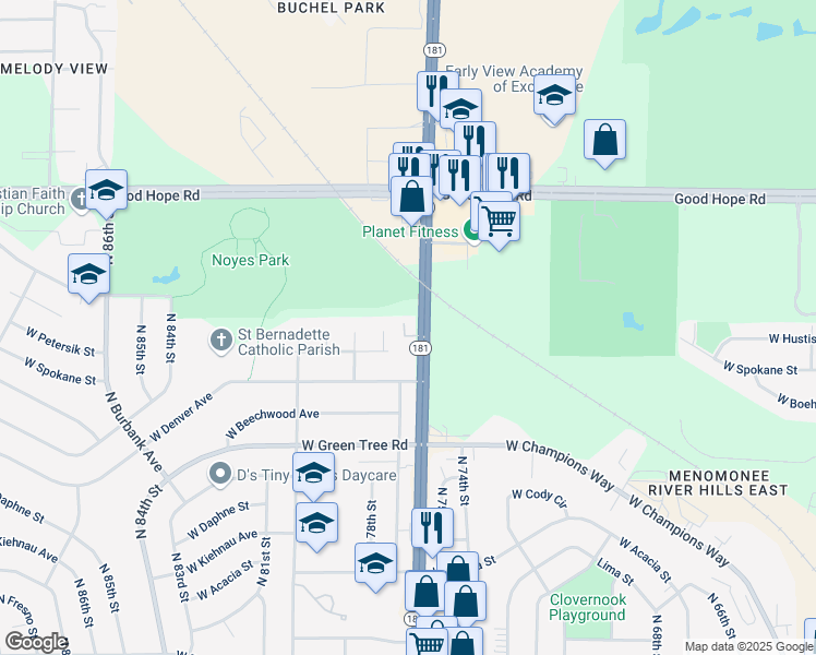 map of restaurants, bars, coffee shops, grocery stores, and more near 6942-6944 North 77th Court in Milwaukee