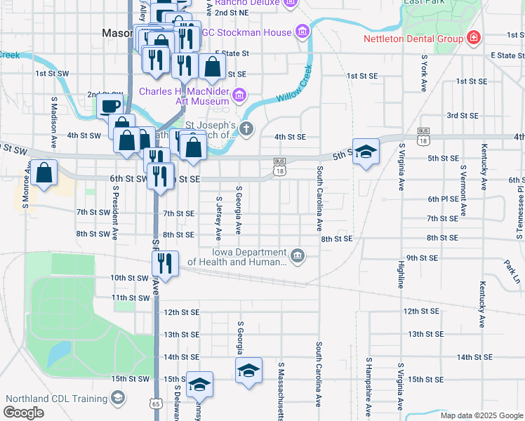 map of restaurants, bars, coffee shops, grocery stores, and more near 323 7th Street Southeast in Mason City