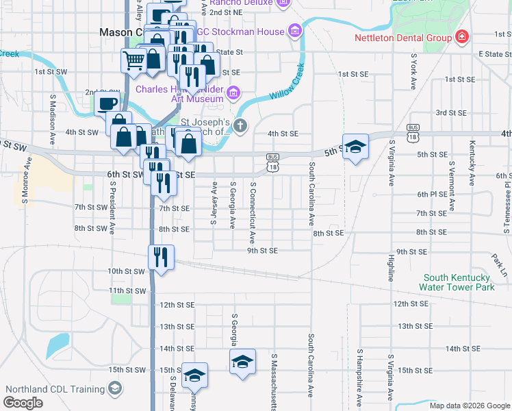 map of restaurants, bars, coffee shops, grocery stores, and more near 323 7th Street Southeast in Mason City