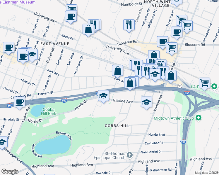 map of restaurants, bars, coffee shops, grocery stores, and more near 1077 Harvard Street in Rochester