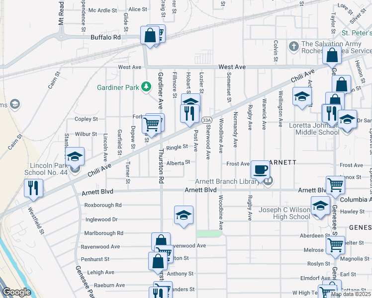 map of restaurants, bars, coffee shops, grocery stores, and more near 25 Ringle Street in Rochester
