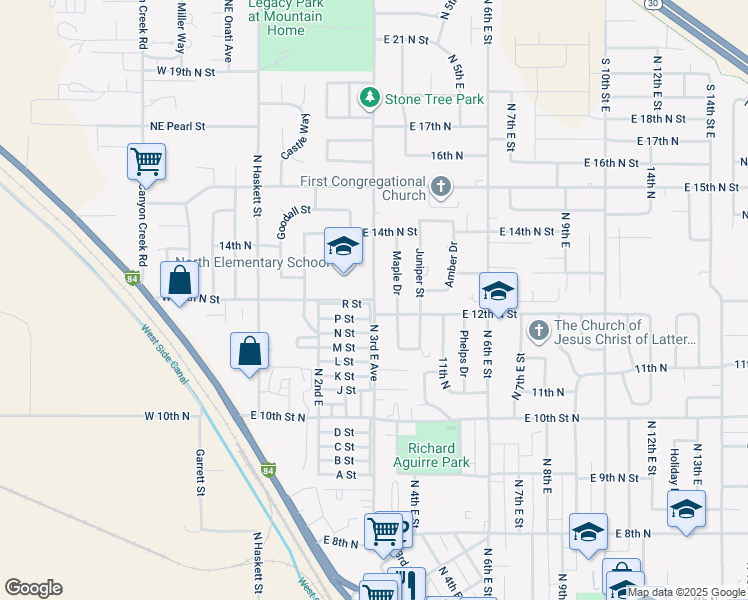 map of restaurants, bars, coffee shops, grocery stores, and more near North 3rd East Street in Mountain Home