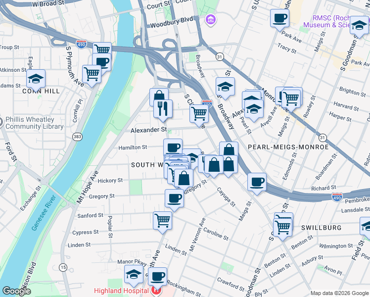 map of restaurants, bars, coffee shops, grocery stores, and more near 227 Hamilton Street in Rochester
