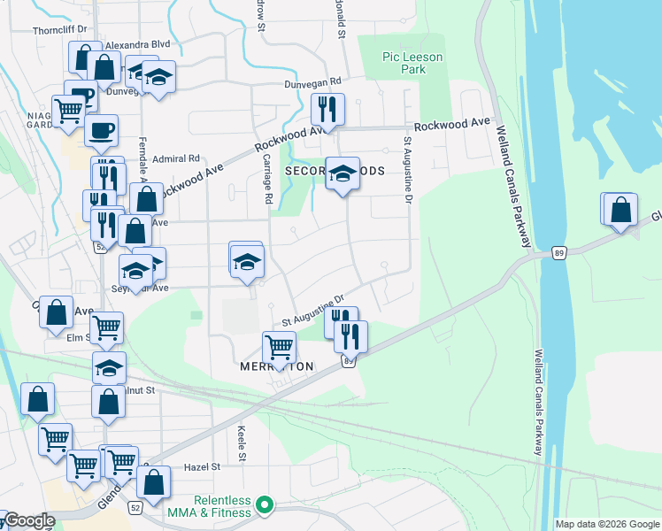 map of restaurants, bars, coffee shops, grocery stores, and more near in St. Catharines