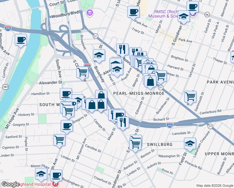 map of restaurants, bars, coffee shops, grocery stores, and more near 271 Pearl Street in Rochester