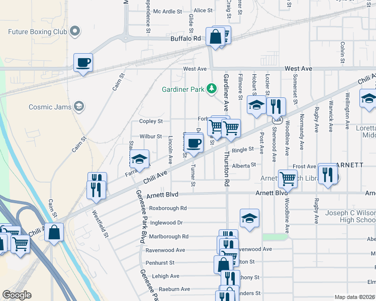 map of restaurants, bars, coffee shops, grocery stores, and more near 259 Garfield Street in Rochester