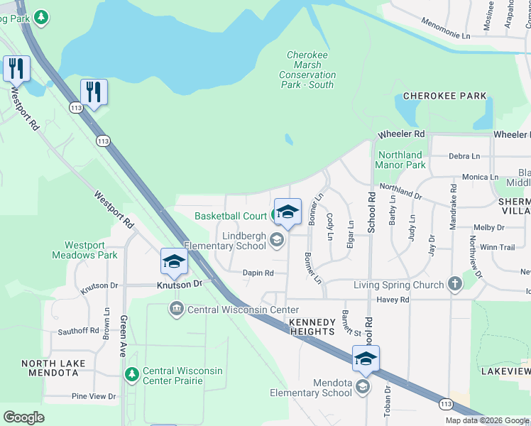 map of restaurants, bars, coffee shops, grocery stores, and more near 18 Weeping Birch Circle in Madison