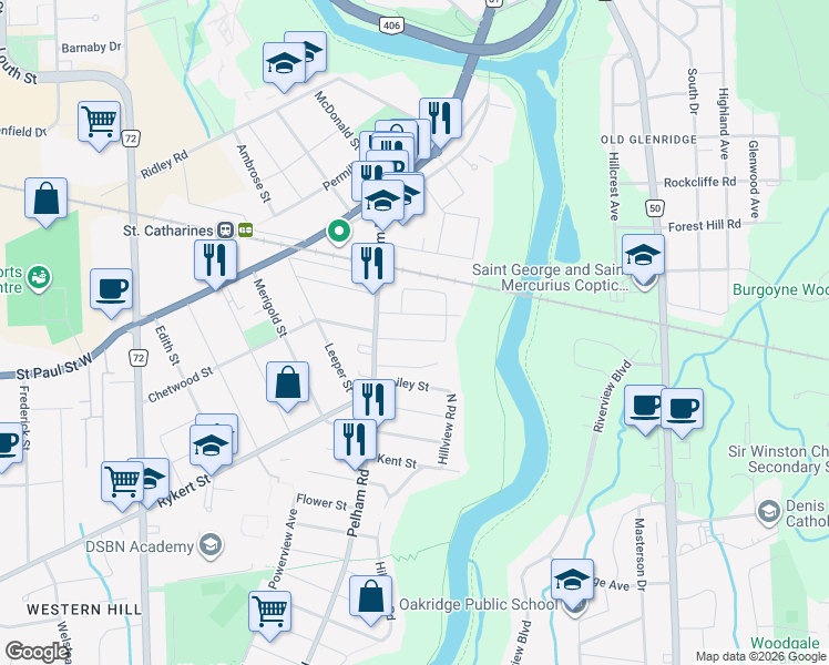 map of restaurants, bars, coffee shops, grocery stores, and more near in St. Catharines