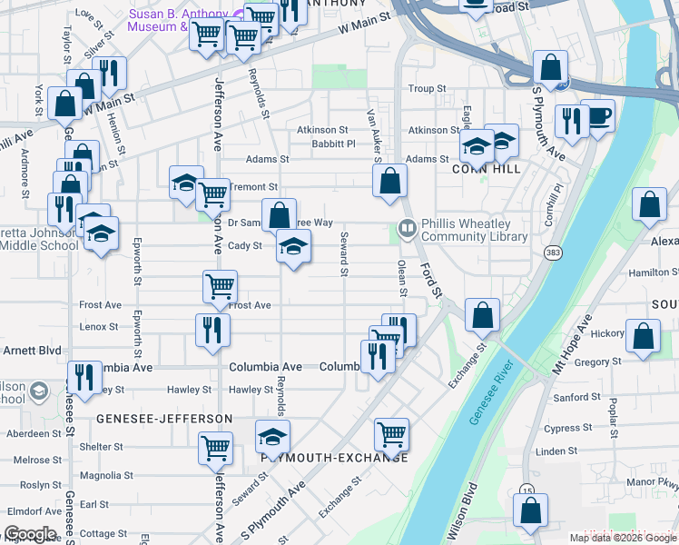 map of restaurants, bars, coffee shops, grocery stores, and more near 131 Champlain Street in Rochester