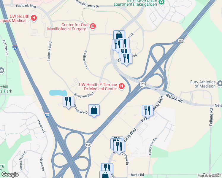 map of restaurants, bars, coffee shops, grocery stores, and more near 7710 East Terrace Drive in Madison
