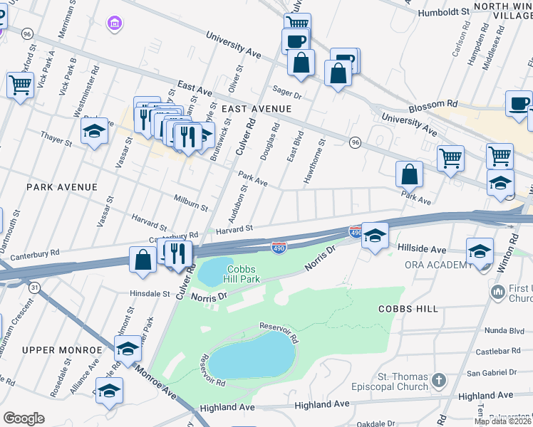 map of restaurants, bars, coffee shops, grocery stores, and more near 57 Calumet Street in Rochester