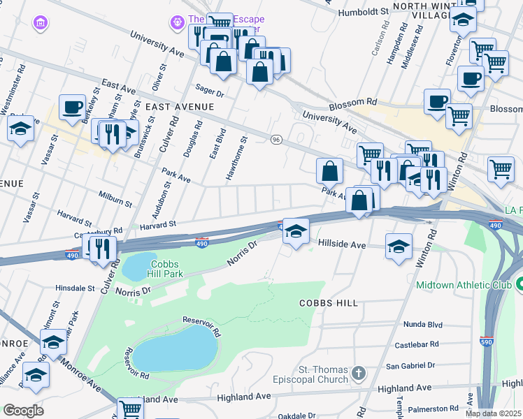 map of restaurants, bars, coffee shops, grocery stores, and more near 979 Harvard Street in Rochester
