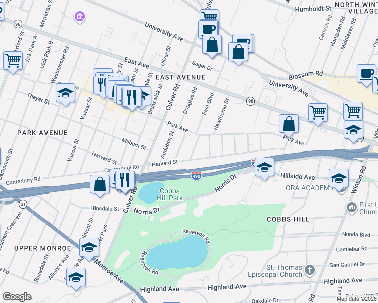 map of restaurants, bars, coffee shops, grocery stores, and more near 71 Calumet Street in Rochester