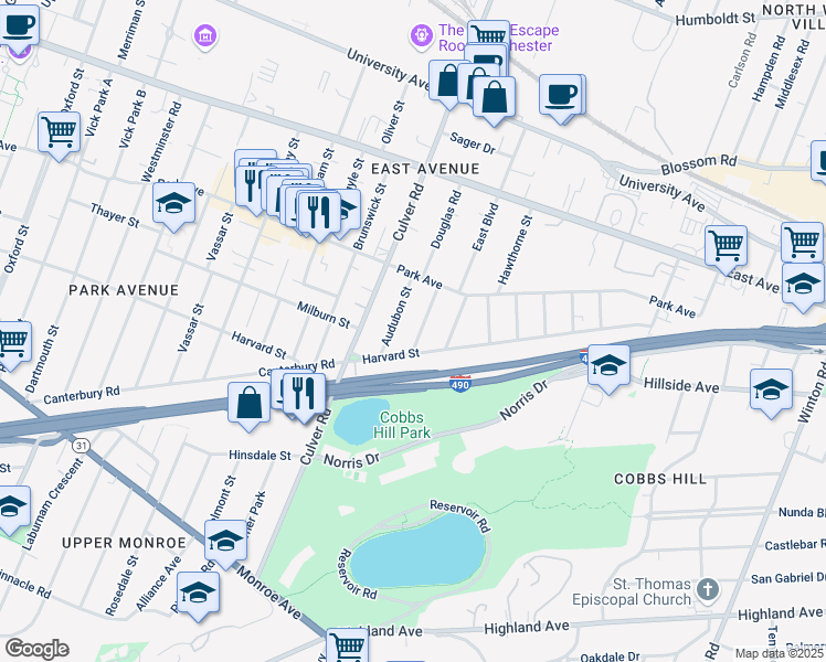 map of restaurants, bars, coffee shops, grocery stores, and more near 93 Beverly Street in Rochester