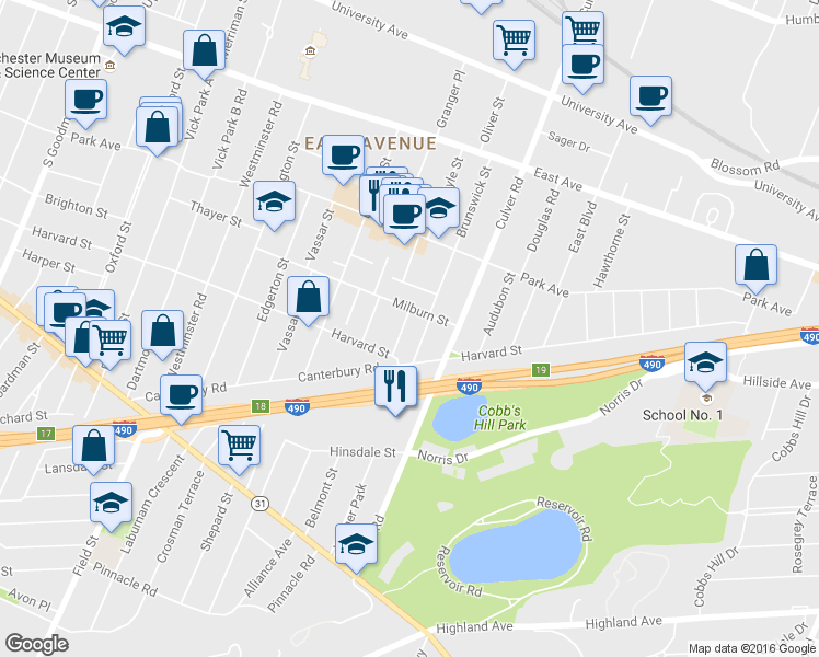map of restaurants, bars, coffee shops, grocery stores, and more near 256 Brunswick Street in Rochester