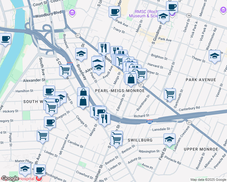 map of restaurants, bars, coffee shops, grocery stores, and more near 509 Meigs Street in Rochester
